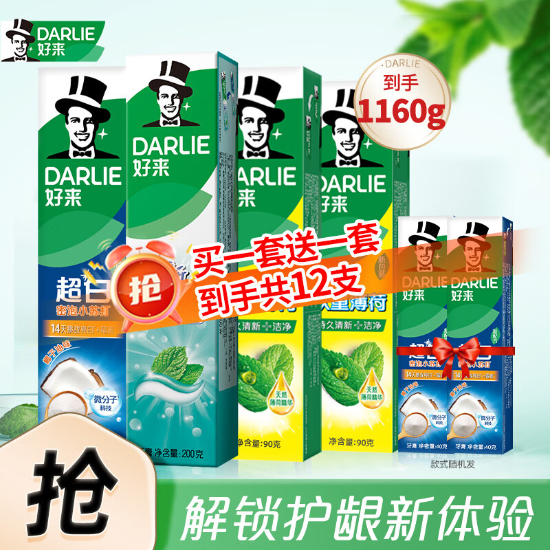 好来（DARLIE）黑人牙膏绿茶超白竹炭小苏打黄牙渍亮白清新口气含氟 超白薄荷到手580G
