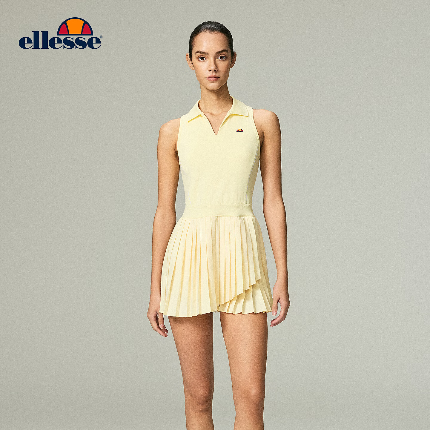 ellesse小贝壳26春夏新品网球裙轻盈工字背心百褶裙无袖连衣裙女 雏菊黄 S