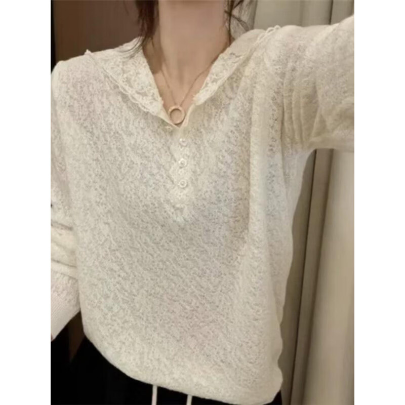 GOYN韩系蕾丝连帽白色针织打底衫女春秋新款时尚时髦百搭宽松大码毛衣 米白色 5XL (建议170-185斤)