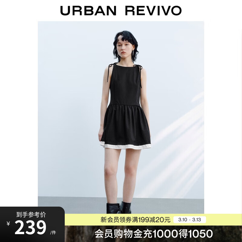 UR2025秋季新款女休闲甜酷绑带撞色收腰无袖连衣裙UYY750129 黑色 S