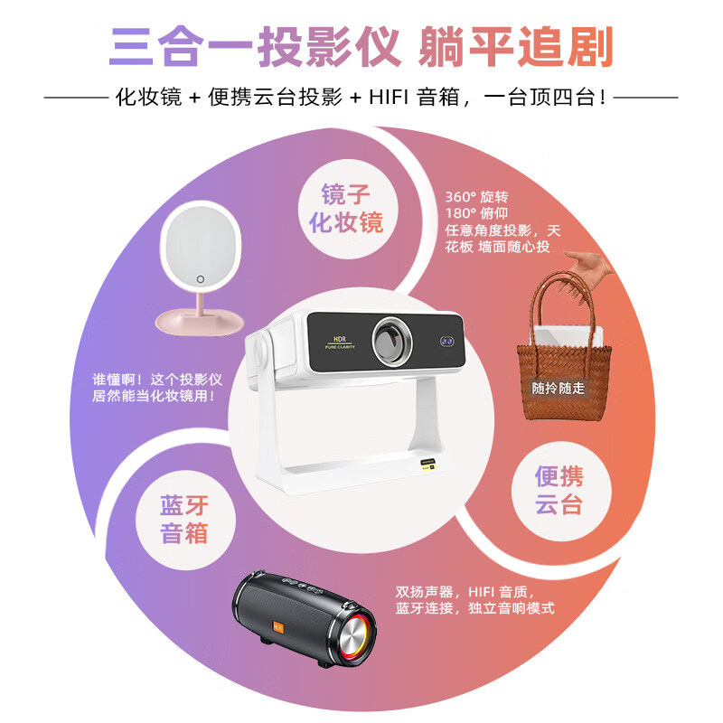 懂影投影仪F1自带化妆镜投影家用云台投影仪可墙投蓝牙WiFi手机投影家用家庭投影仪入门投影全自动对焦 【极致性价比之王】全自动对焦  单机