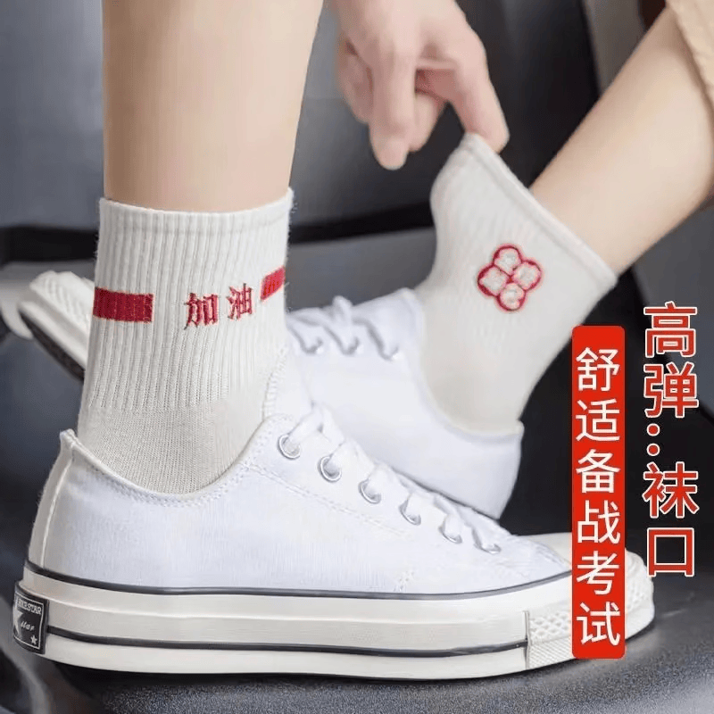 5双 (金榜题名) 中考高考袜子纯色中筒袜男女生祝福逢考必过白袜 【金榜+逢考+前程+听力+考神】5双 均码 （2026状元袜）