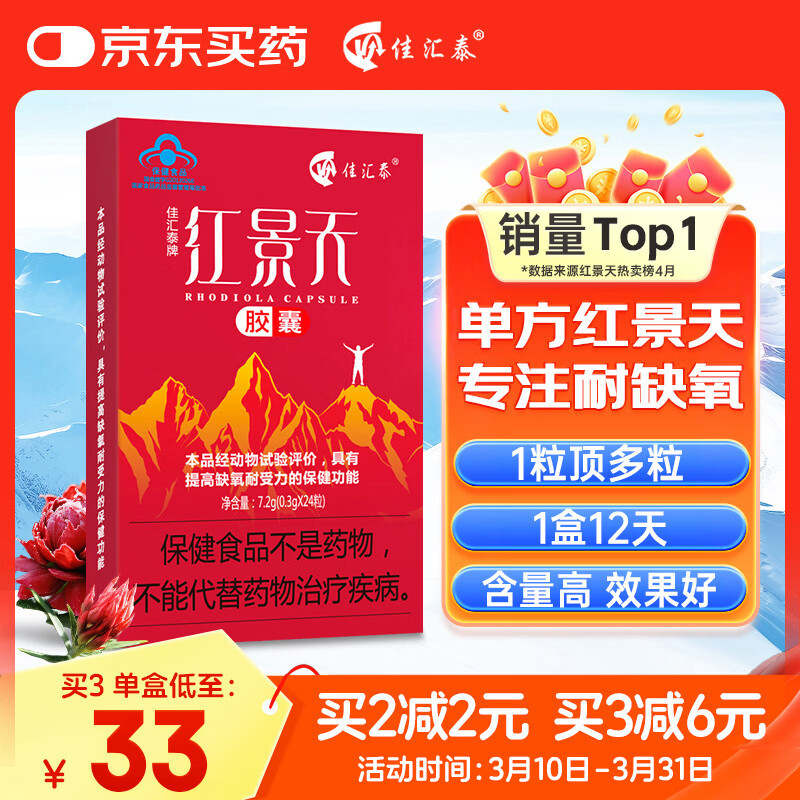 佳汇泰红景天胶囊高原反应药房缺氧西藏高反24粒12天搭葡萄糖口服液