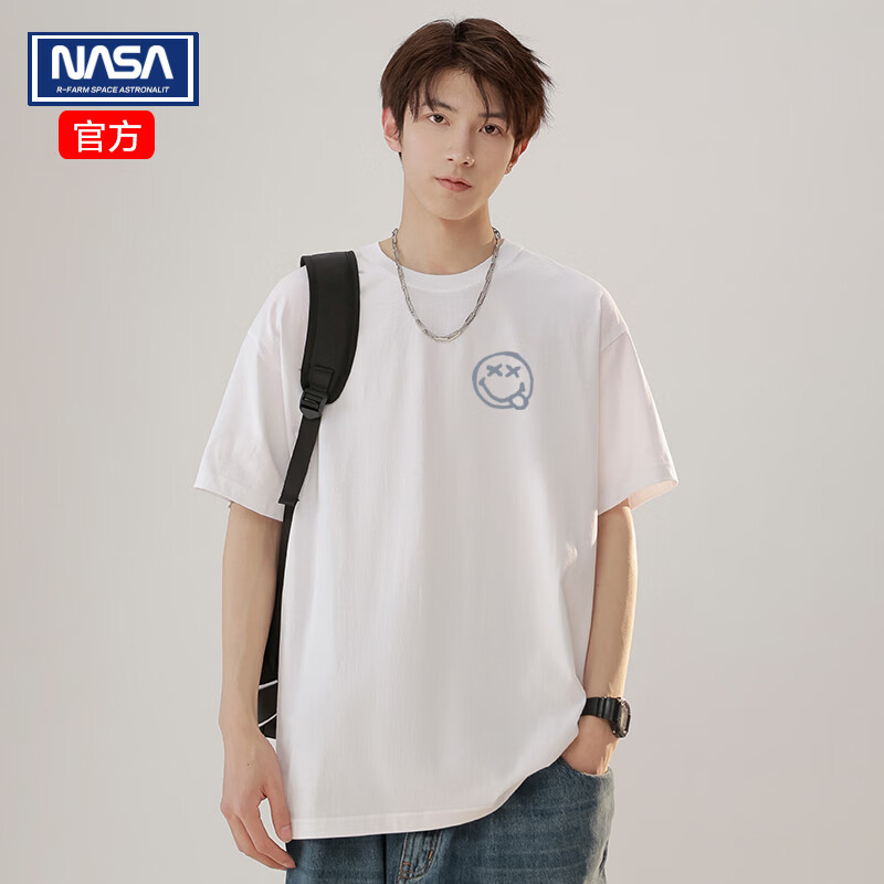 NASAR-FARM【纯棉100%亲肤】夏季男士短袖T恤休闲重磅加厚圆领体恤情侣上衣 白色 DLJ9004笑脸 3XL (身高180-185cm、体重180-200斤)