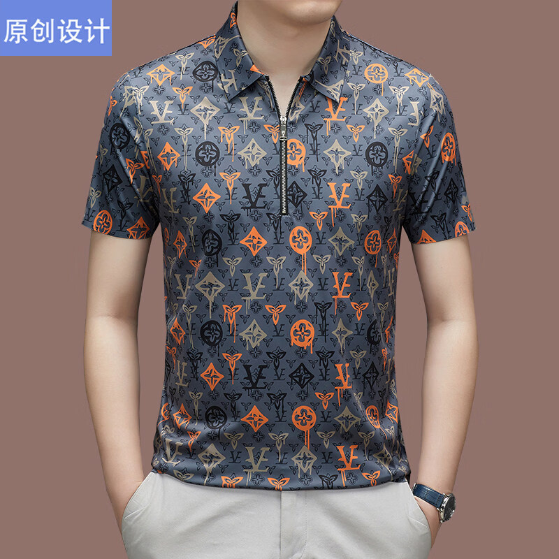 阿玛尼(ARMANI)意大利正品品牌男装拉链翻领短袖t恤男夏天中年高端印花绸polo衫 国际一线品牌桔色(阿3096) 3XL 185__建议165斤到185斤穿