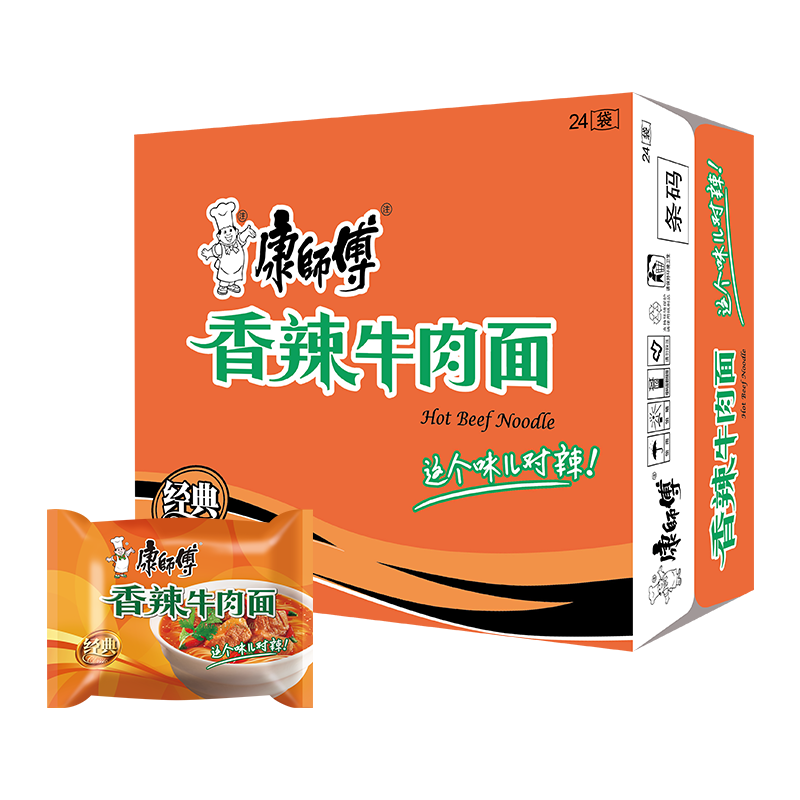 康师傅 方便面 经典香辣牛肉袋面104g*24袋 泡面整箱速食 方便食品
