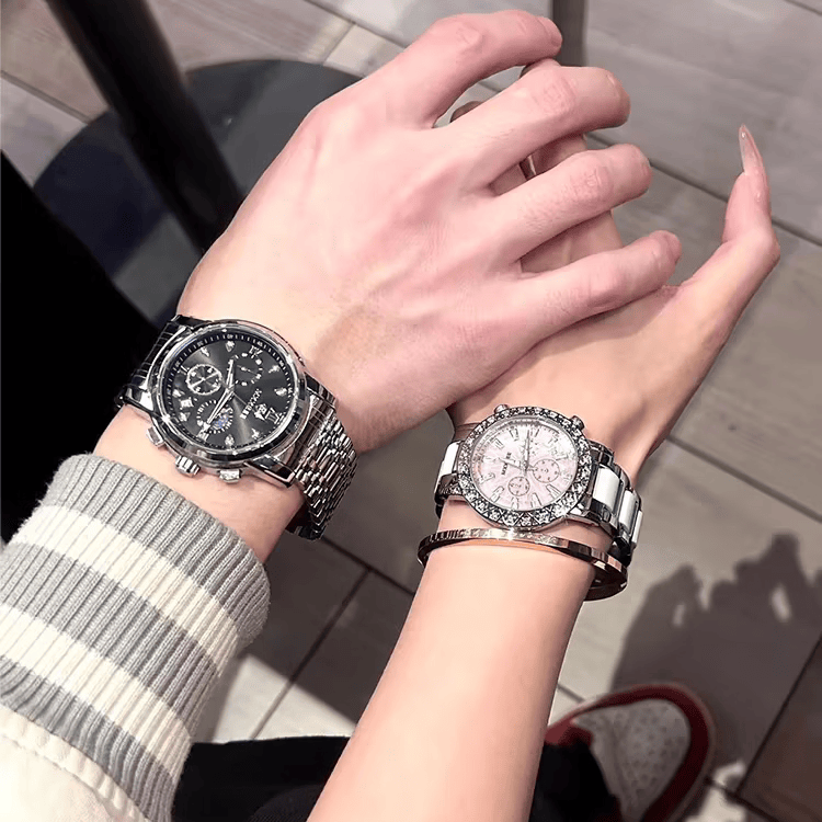 MXXSEE情人节礼物情侣手表一对2026新款正品牌男女送老婆机械风石英手表 情侣银黑+银白【礼盒包装+送手镯】