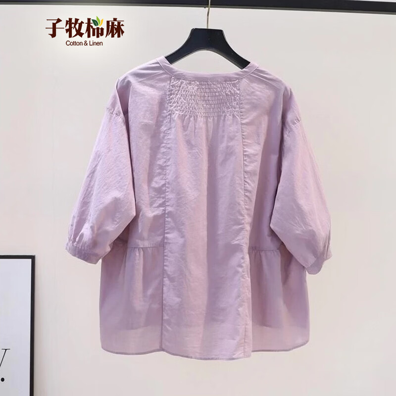 子牧棉麻2026春夏装 女洋气小衫宽松显瘦圆领开衫五分袖衬衫上衣8013 紫色 M (建议95-115斤)