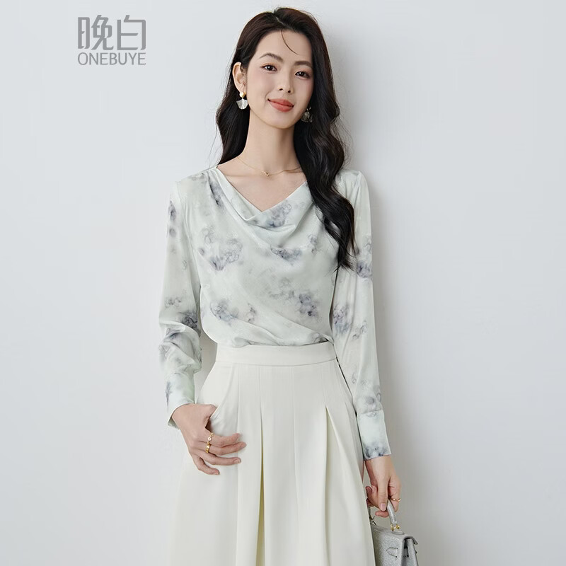 晚白2026年春款法式不规则荡领烟雨水墨印花上衣清新雅致缎面衬衫女 花色 L
