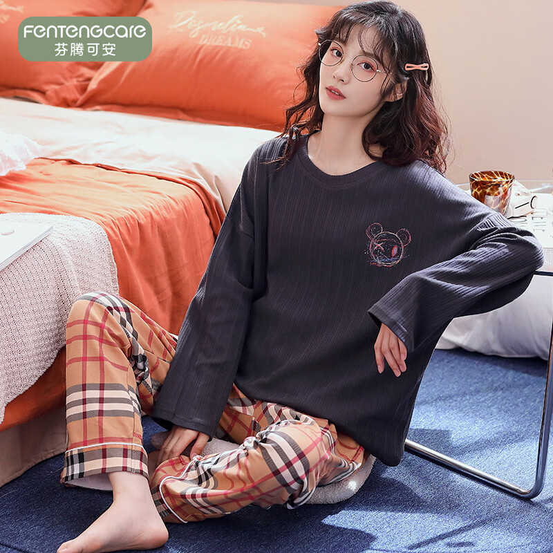 芬腾可安(FENTENGCARE)【DK】双面纯棉2026睡衣女春秋新款宽松套头长袖可外穿家居服套装 305 L