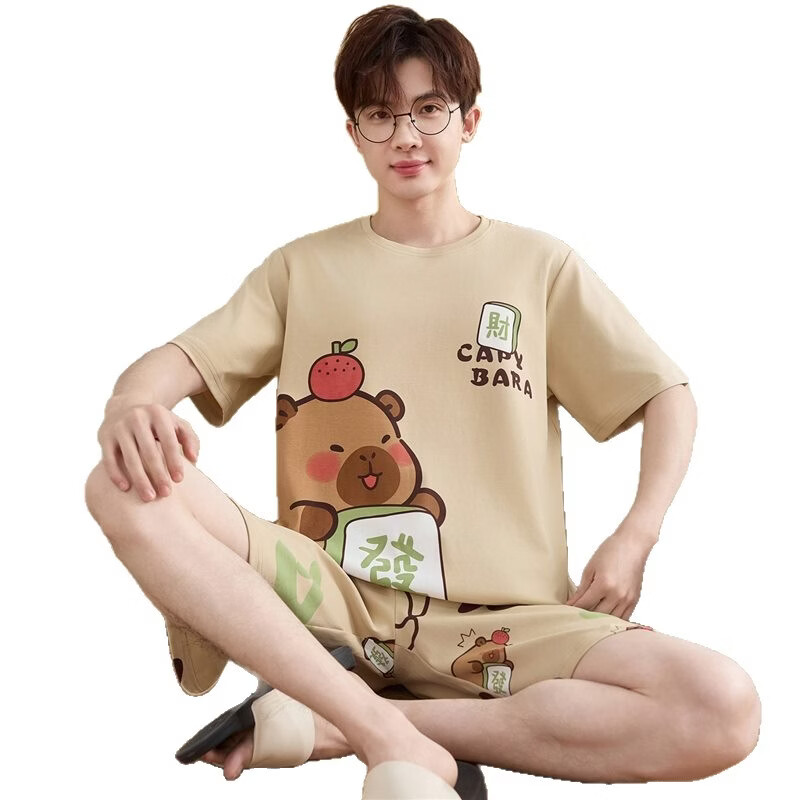 起润猴大码睡衣男士夏季纯棉短袖卡通学生青少年全棉圆领夏天家居服套装 LML1873# 5XL 标准【建议身高188CM左右，体重220-250斤】