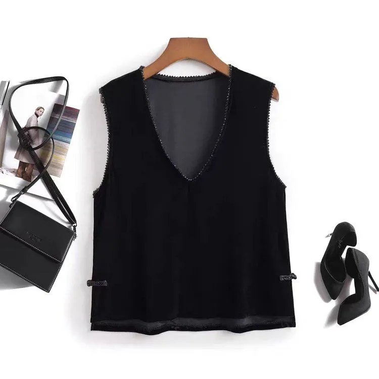 2026新中式显瘦绒马夹背心时尚百搭无袖新款纯色爆款金丝绒马甲女 黑色【专柜特卖】 XL 【建议115-125】