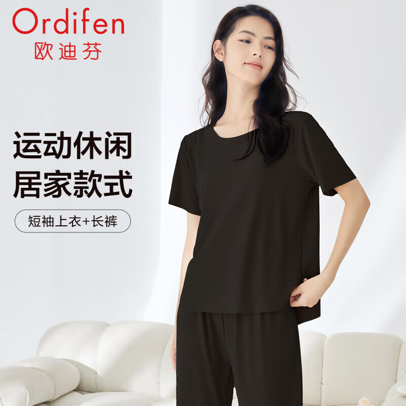 欧迪芬（Ordifen）睡衣女夏季亲肤透气家居服柔软顺滑短袖长裤套装螺纹面料拼款 黑色 【XH3777_经典圆领】 M