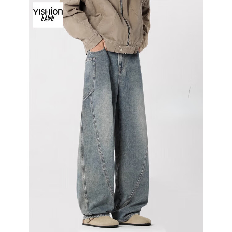 以纯（YISHion）（YIHion）美式水洗弯刀工装牛仔裤男秋季潮牌拼接宽松阔腿裤高街 旗舰官方旗舰官方NZ50黑色. 2XL