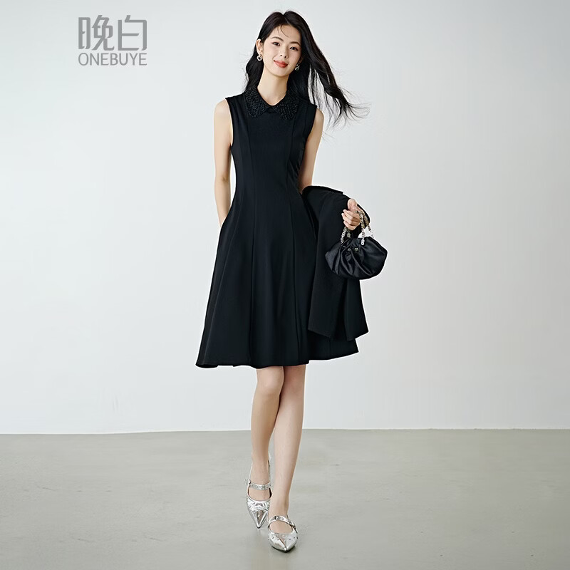 晚白【新品】2026年春款时尚翻领钉珠裙子修身显瘦气质无袖连衣裙 黑色 M
