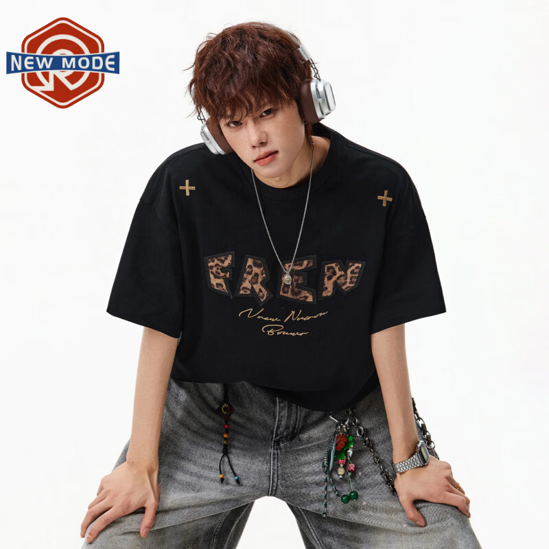 NEW OR MODE美式高街印花短袖t恤男夏季新款重磅潮牌宽松纯棉休闲半袖体恤衫 黑色【高品质】 M 【建议90-110斤】