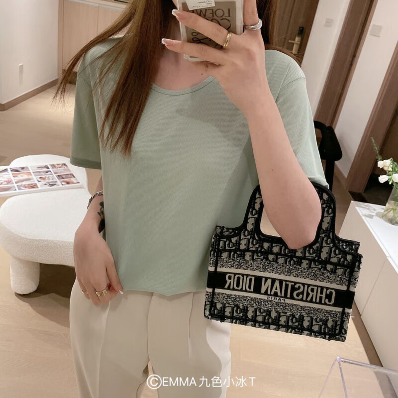 有只绵夏季新款小冰T恤宽松纯色上衣ins潮流圆领T恤短袖女生 黄色 均码 80-135斤