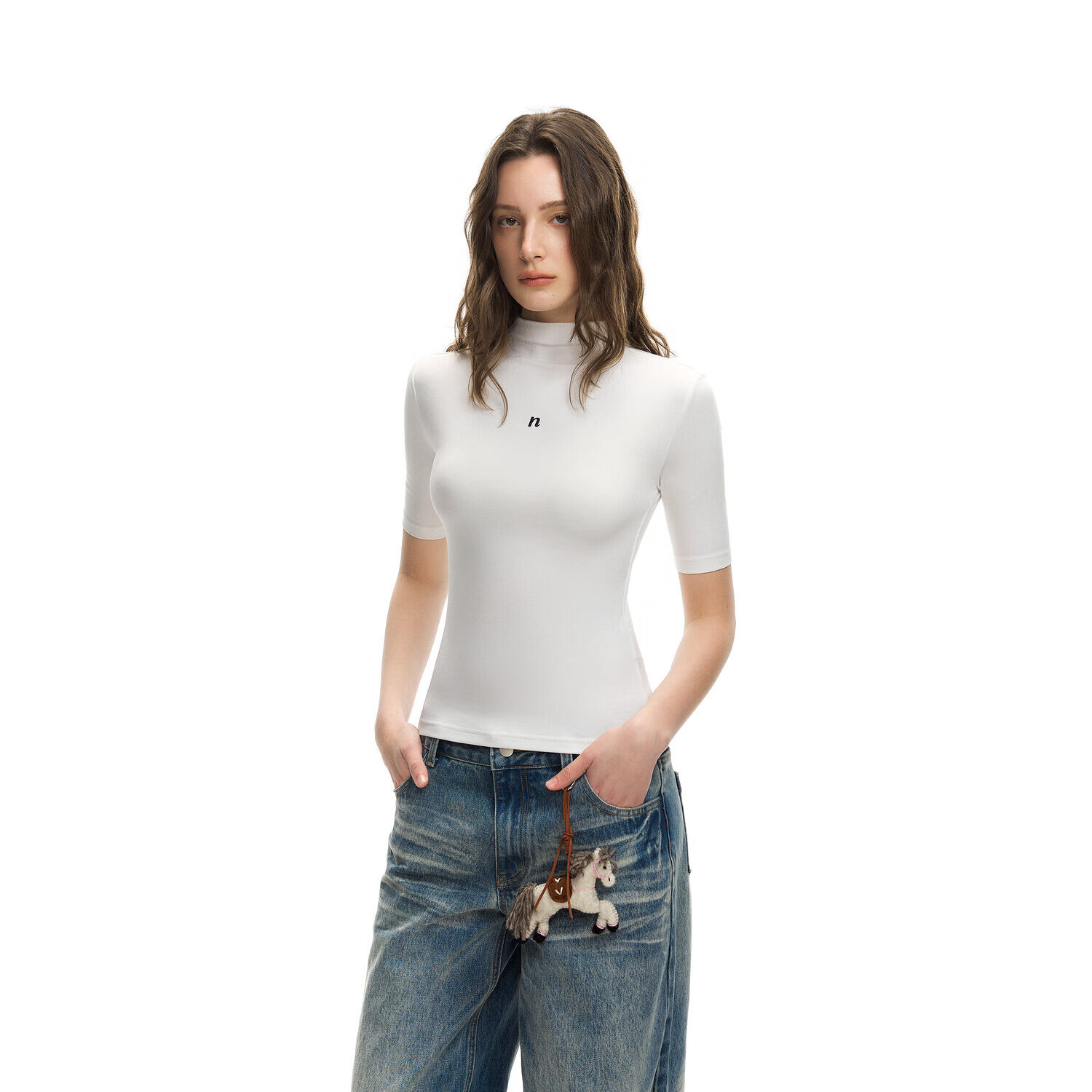 NICEBAD莱赛尔针织半袖小高领打底修身T恤基础简约潮流春夏 白色(预售) M