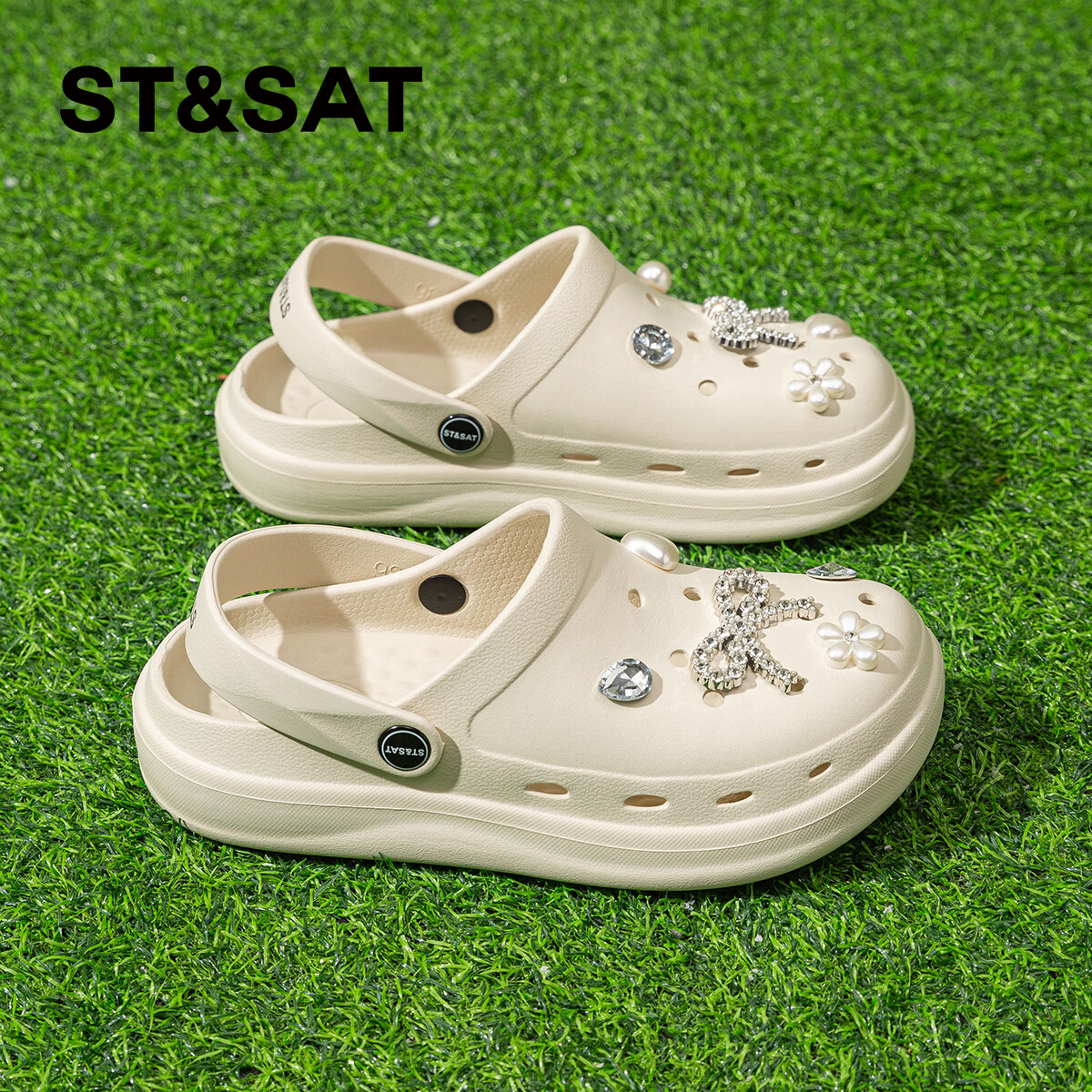 星期六（St&Sat）时尚百搭凉鞋夏季外穿套脚洞洞鞋防水一脚蹬沙滩鞋休闲拖鞋女鞋 卡其色 【珍珠爱心】 38