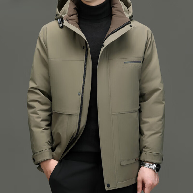 丨利郎丨中长版服男装冬季新款中年男士休闲保暖可脱卸帽外套 卡其 4XL 195/112A