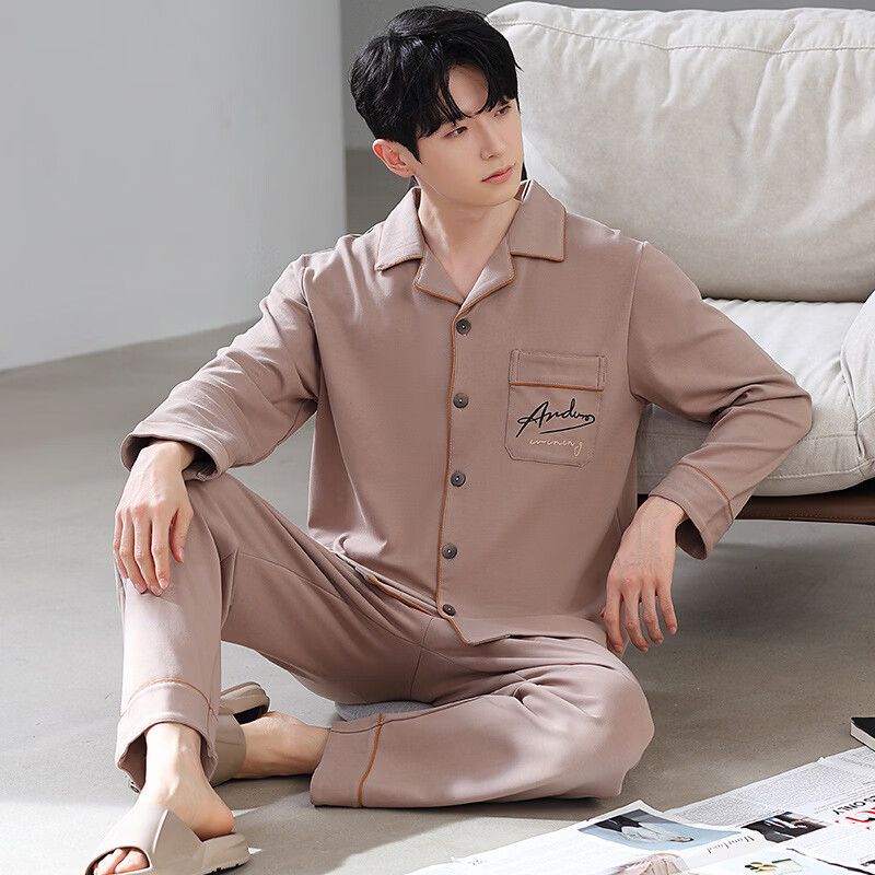 DAPHNE达芙妮【M】加大码5XL男士长袖睡衣春秋季棉质翻领休闲可外穿家居服 CCC-666【加大码男士家居服】 5XL