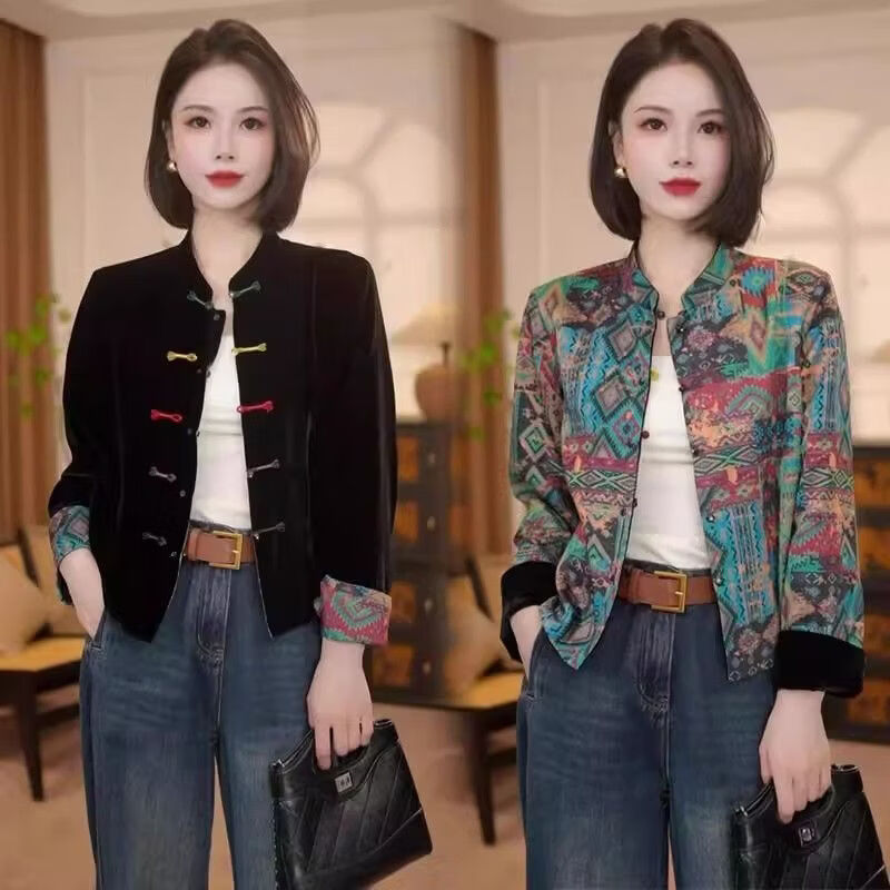 【新款热卖】新中式丝绒长袖衬衫女显瘦国风盘扣双面可穿外套上衣 黑色+花色【两面穿外套】 2XL 125-135斤