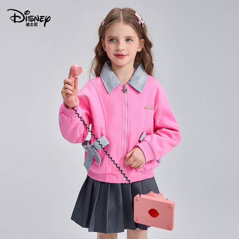 迪士尼(Disney)童装女童外套2026春款新款中大童女孩蝴蝶结装饰翻领休闲夹克上衣 玫粉色 160 【建议身高155-160cm,体重85-100斤】