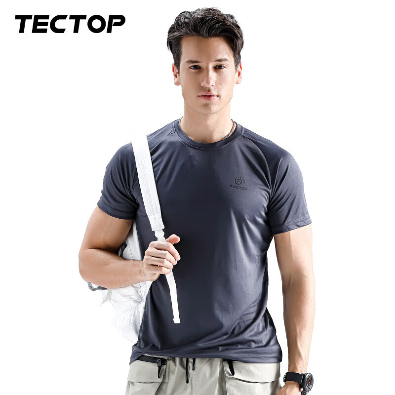探拓（TECTOP）圆领短袖T恤男士运动户外夏季轻薄透气快干上衣女情侣款t恤 男款深灰色 L