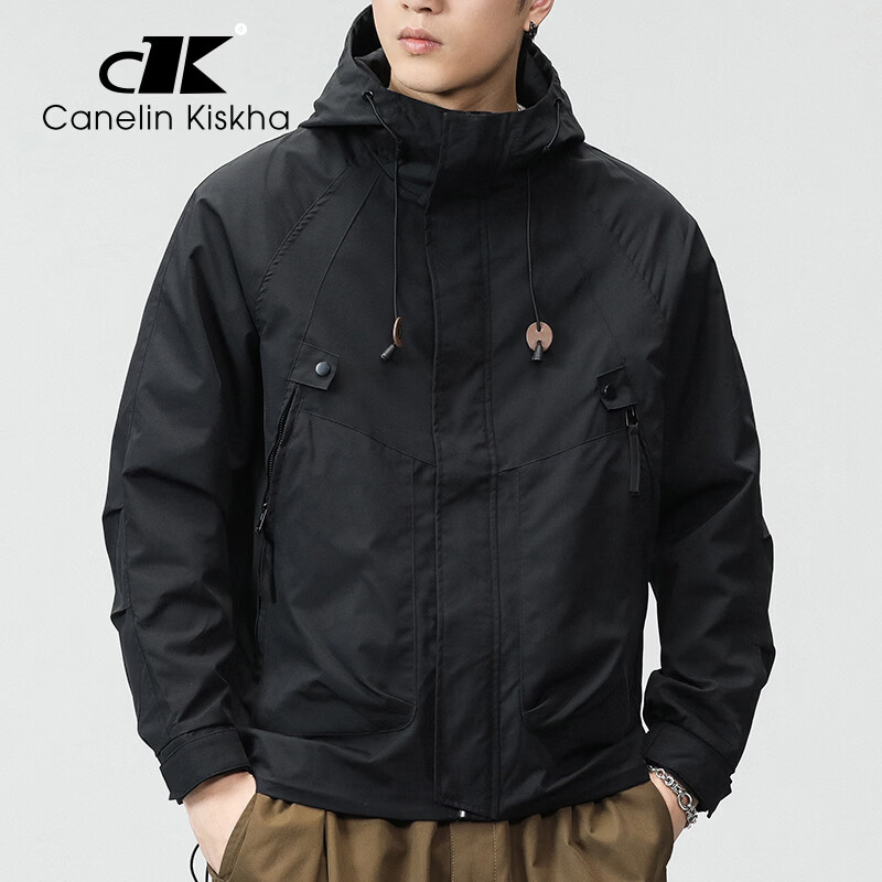 CANELIN KISKHA冲锋衣外套男春秋季新款男生工装夹克棉衣美式潮牌连帽休闲男装 黑色 3XL