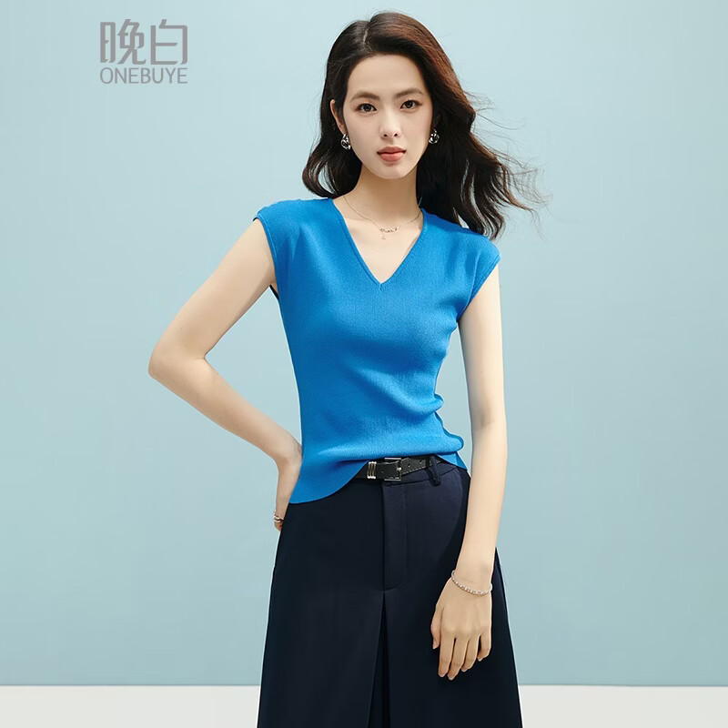 晚白【新品】2026年春款时尚纯色V领上衣高弹修身舒适针织衫女 海蓝色 L