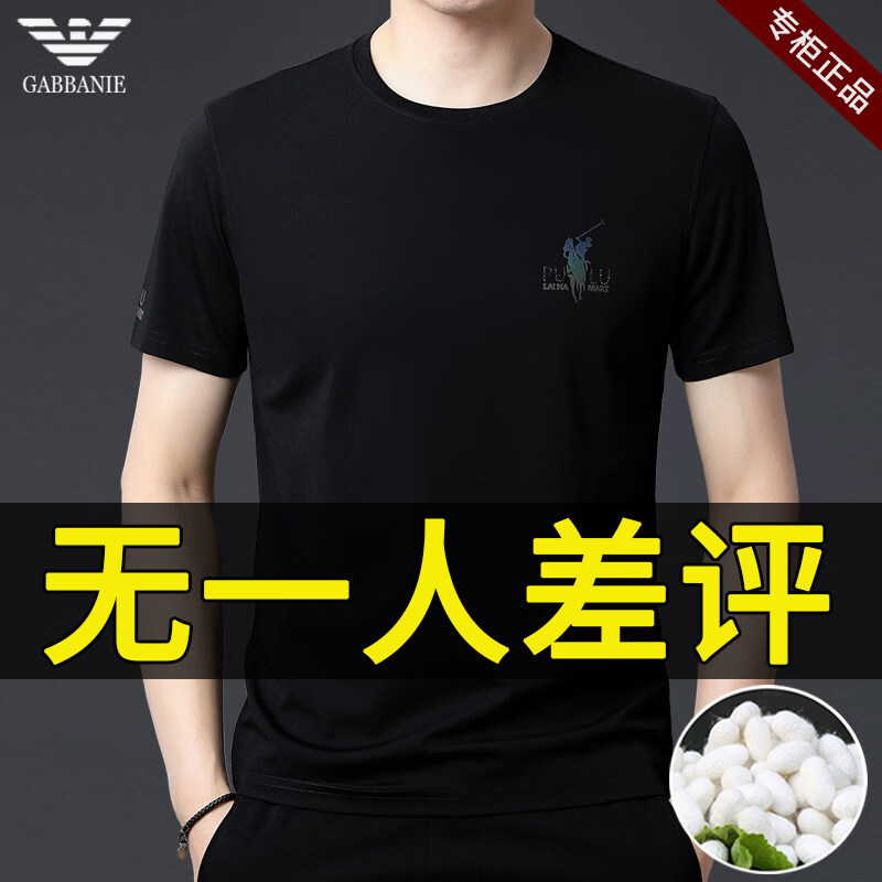 GABBANIE阿玛尼意大利正品2026新款品牌男士桑蚕丝短袖t恤夏季名牌体恤冰 国际一线品牌19368黑色 3XL 190_【建议170-185斤】