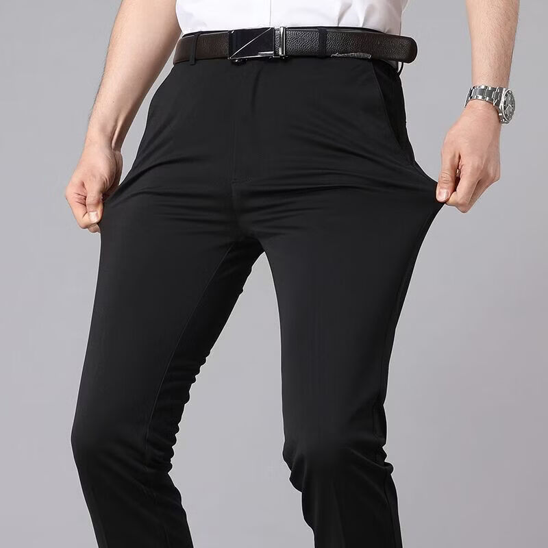 虎都（FORDOO）弹力西裤男夏季薄款冰丝直筒宽松休闲裤男士垂坠感商务西装长裤子 黑色+黑色(常规) 两件装 薄款 38 【适合腰围3尺1】