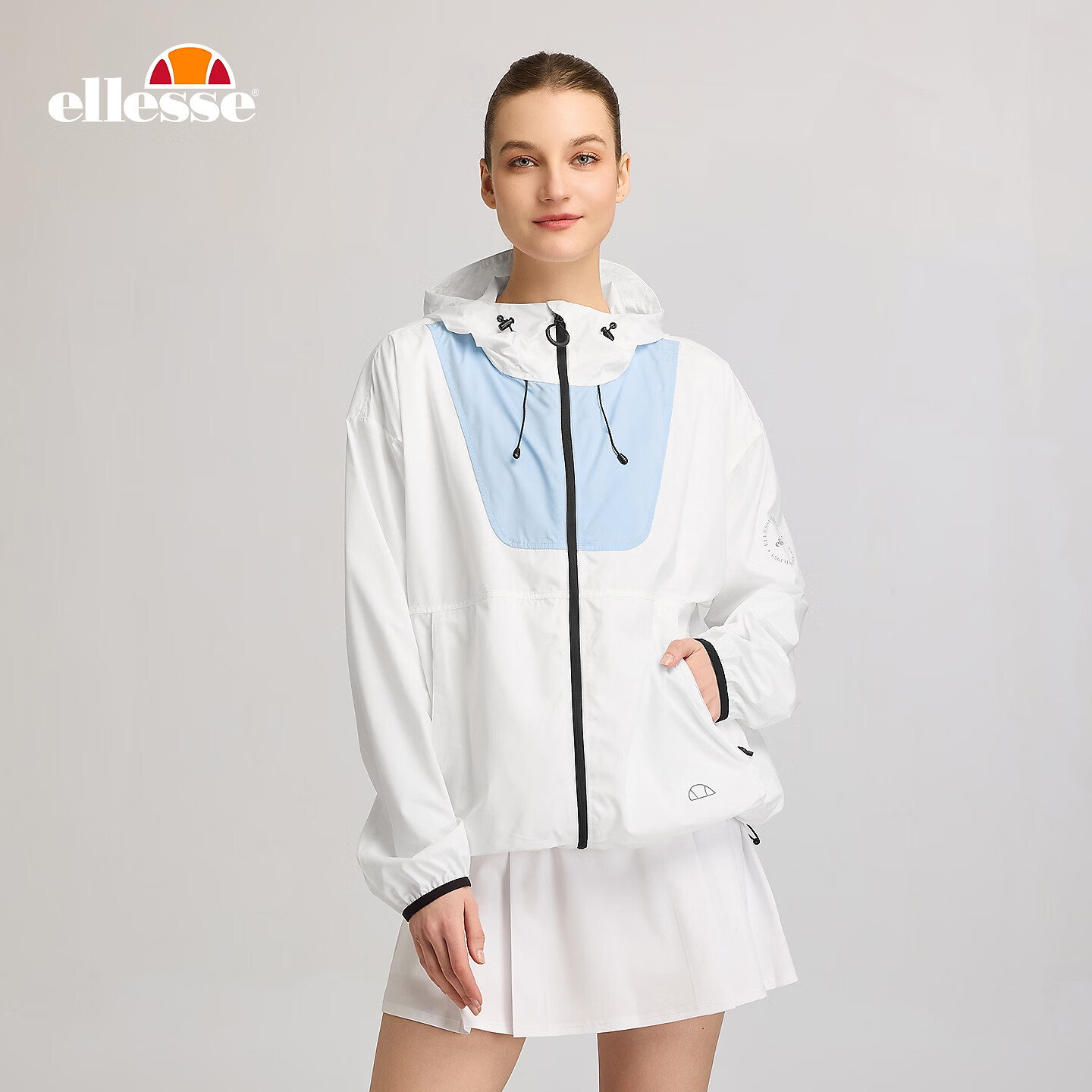 ellesse小贝壳官方防晒衣薄女夏季撞色立领连帽外套男户外运动 白色 S
