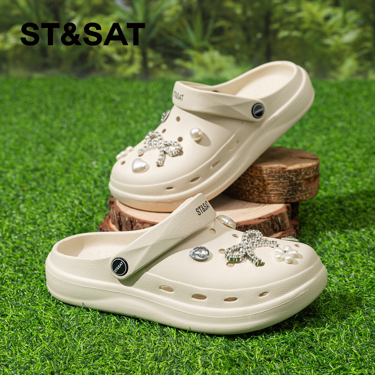 星期六（St&Sat）时尚百搭凉鞋夏季外穿套脚洞洞鞋防水一脚蹬沙滩鞋休闲拖鞋女鞋 卡其色 【珍珠爱心】 38