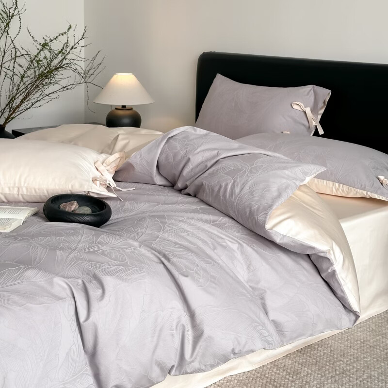 ROLAND LIVE全棉立体浮雕提花四件套60侘寂风长绒棉柔软透气被套床单床品 FOR 全棉提花套件-素灰叶影 1.2米床 床单款 【被套150*200cm】