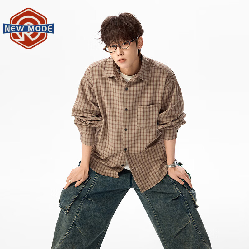NEW OR MODE美式复古格纹长袖衬衫男春秋新款宽松青少年百搭休闲翻领衬衣外套 黄色【高品质】 M 【建议90-110斤】