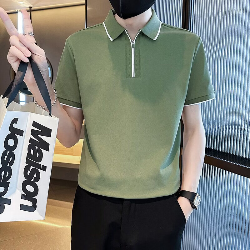 JPUZ男士polo衫男短袖夏季半拉链撞色半袖t恤潮牌翻领痞帅夏装上衣服 绿色 M 建议100-115斤