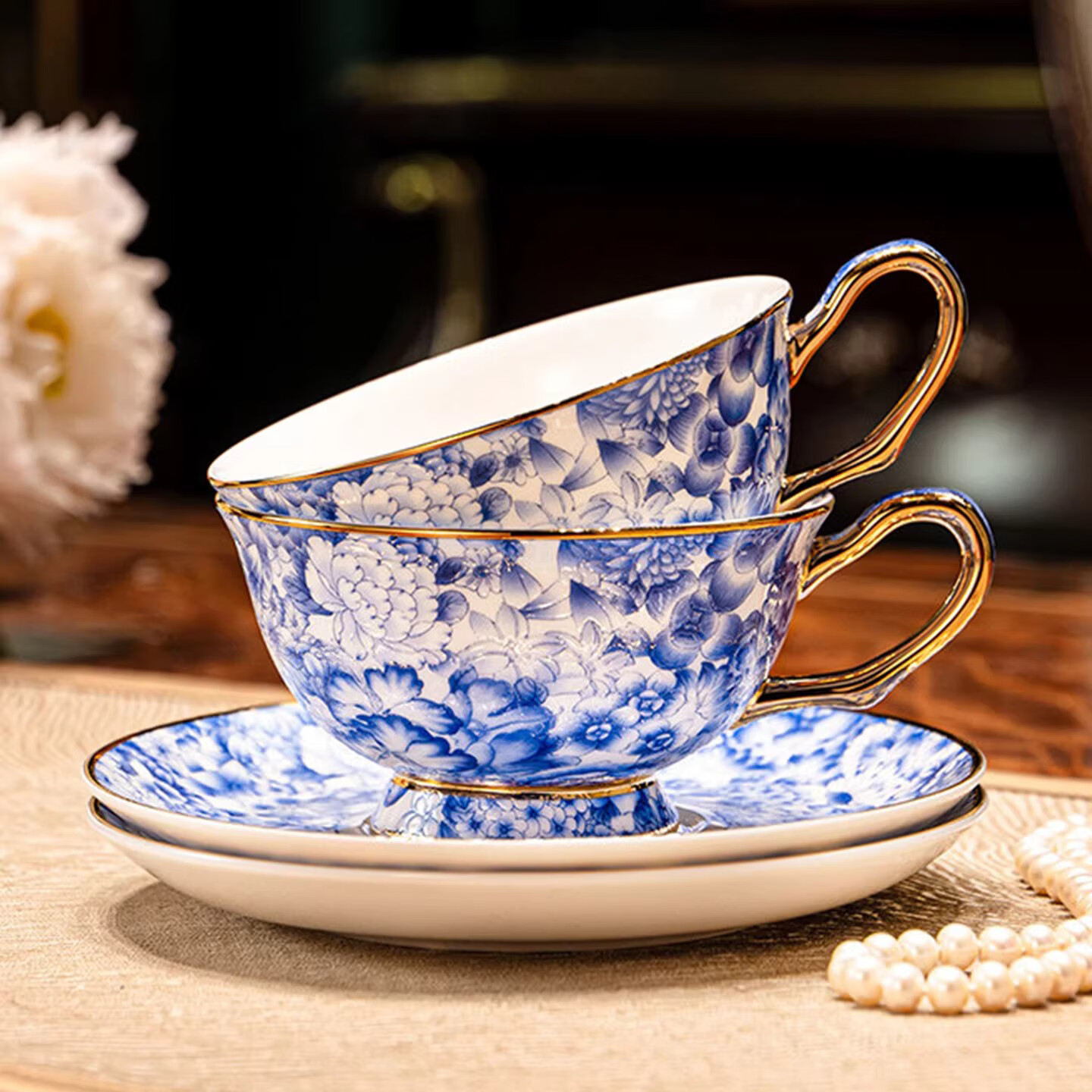 BOSSY景德镇国潮青花咖啡杯套装高档精致骨瓷杯子礼盒乔迁新婚伴手礼物 万花青花【满花款-6杯6碟】高级红礼盒