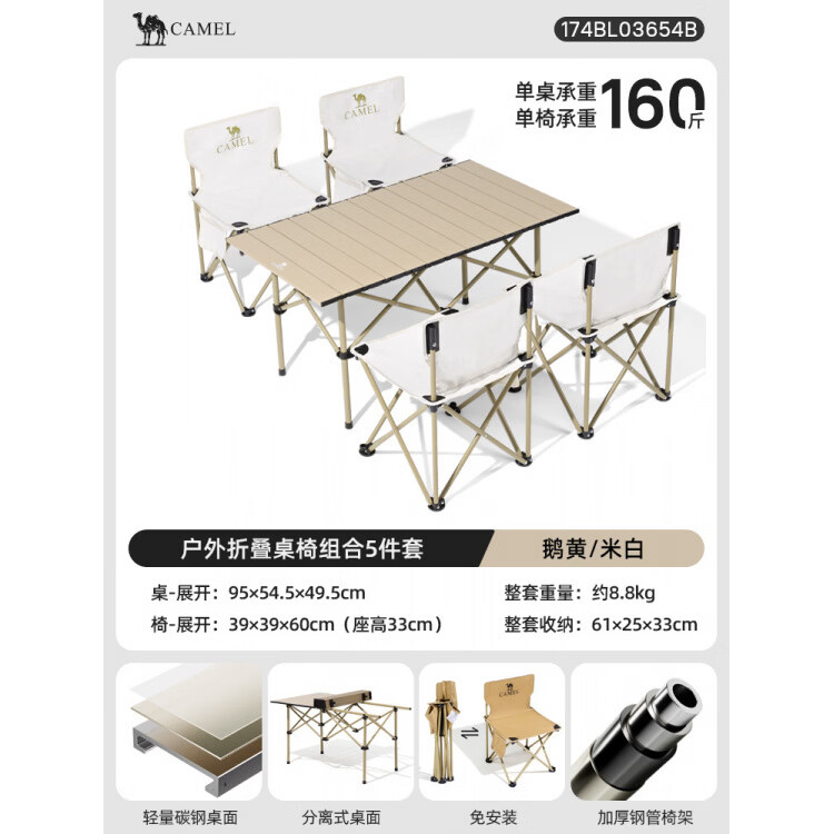 骆驼（CAMEL）户外折叠桌铝合金野餐桌子露营桌装备蛋卷桌套装野外野营桌椅 【钜惠5件套】95cm鹅黄色长桌*1+米白折叠椅*