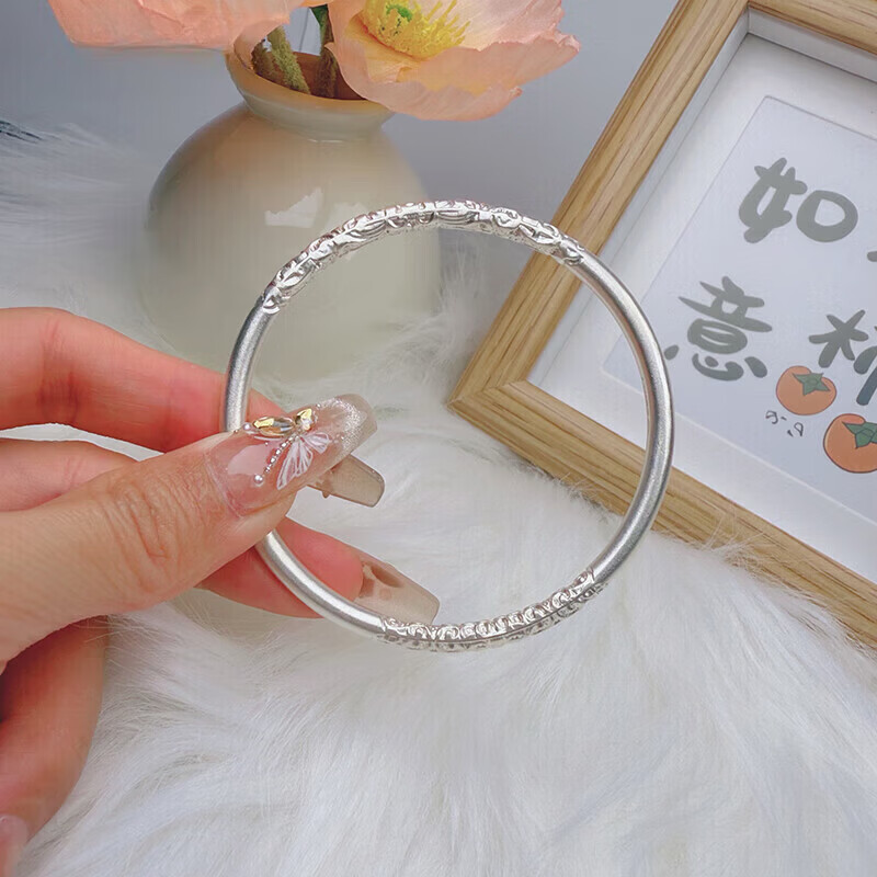 老凰祥足银9999卷草纹古法银手镯实心闭口银镯子生日礼物送女 麻将手镯-62