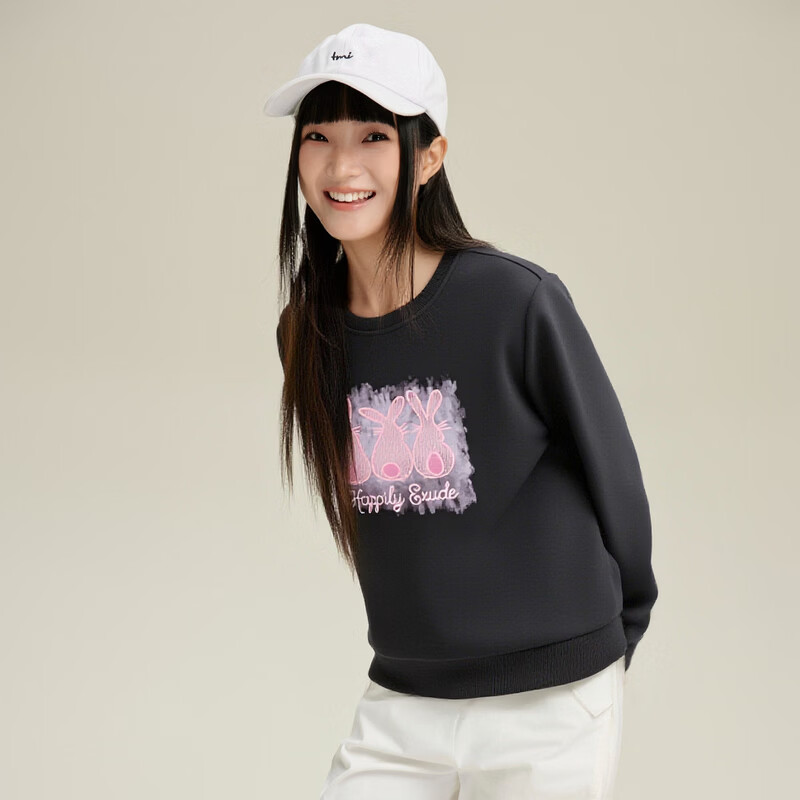 快鱼女士卫衣2026秋季新款时尚印花圆领百搭打底衫女长袖外穿女装上衣 深灰 2XL