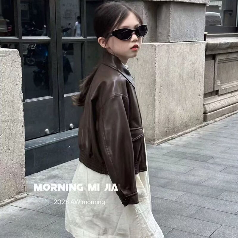 男女童外套2026春秋装复古pu皮衣休闲夹克洋气上衣帅气潮酷冬加绒 咖色皮衣【春秋款】 90 尺码【建议身高80厘米22斤左右】