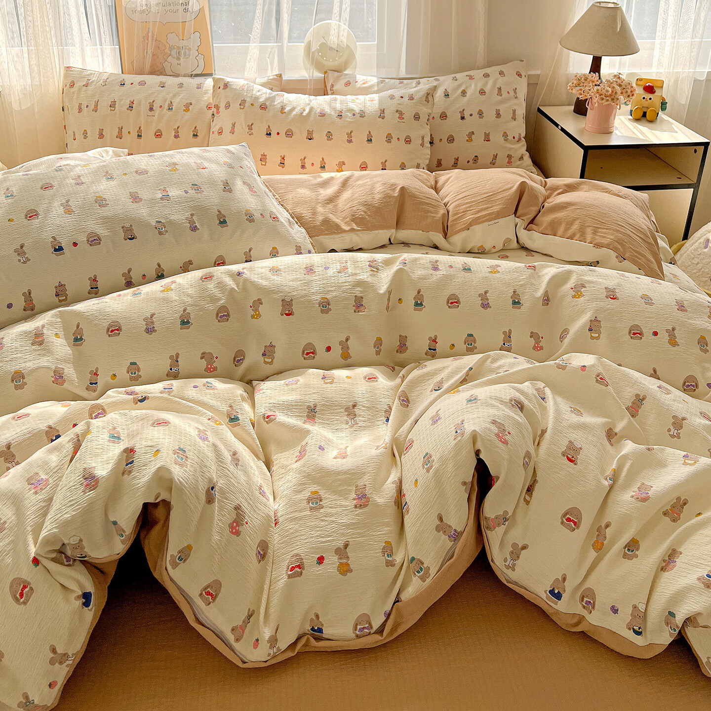 雅鹿床上双层纱四件套2026新款床单被套学生宿舍单人三件套3 M系-兔子和狗【母婴级面料/亲肤舒适】 2.0四件套- 床单款 (被套200*230cm)