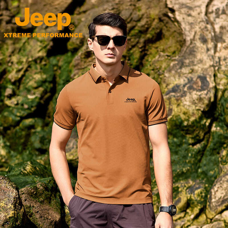 JEEP吉普男士T恤2026春夏季新款短袖男冰丝凉感短袖男商务休闲polo衫 焦糖色 /男女同款 XL