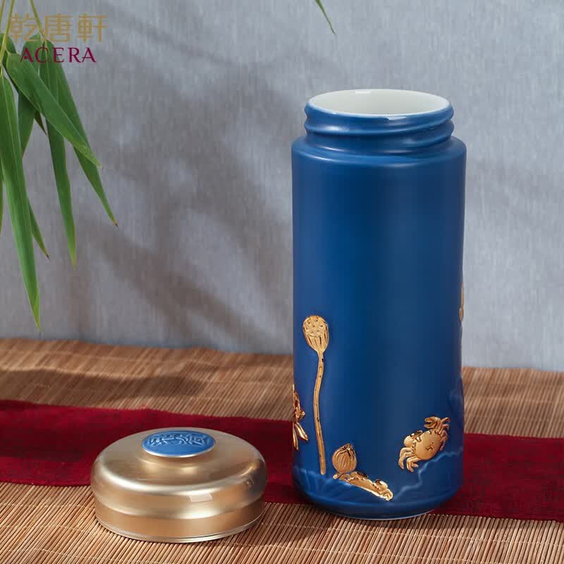 乾唐轩 【官方授权】活瓷杯和谐双层创意陶瓷杯子高颜值水杯礼盒装 无光蓝加金  