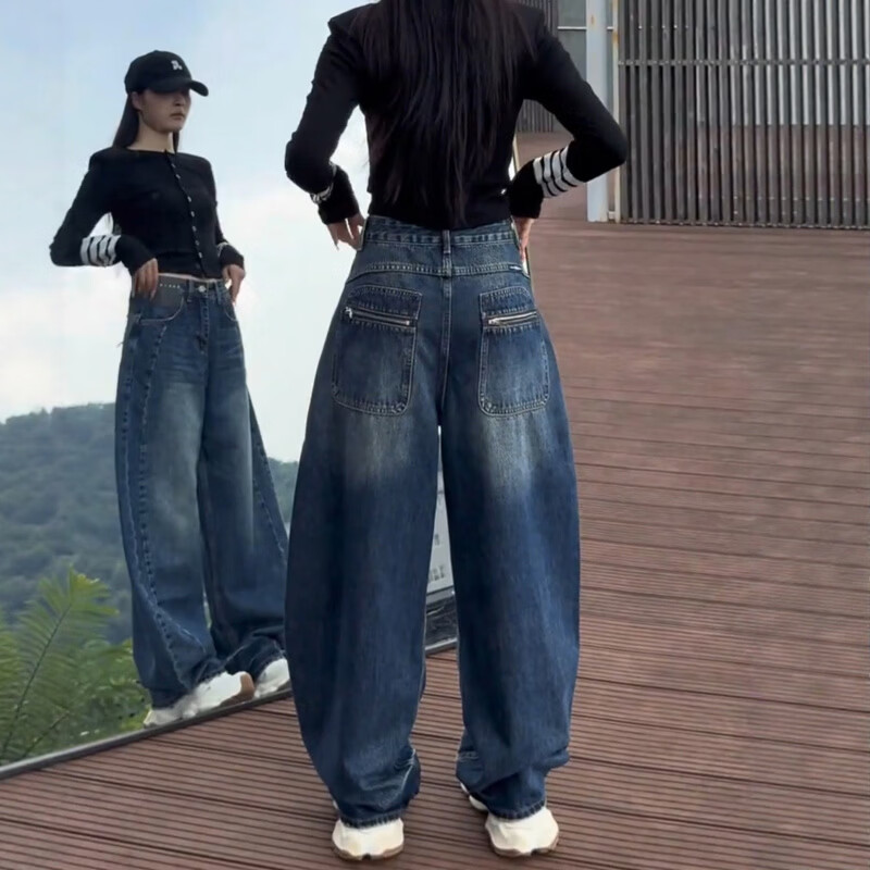 MODX大码加绒弯刀牛仔裤女秋冬季2026新款美式阔腿裤胖显瘦直筒裤子 蓝色【不加绒】 S 【建议80-100斤】