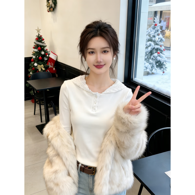 GOYN春秋新款内搭打底衫女可外穿蕾丝拼接连帽长袖上衣坑条磨毛 白色 XL 122-135