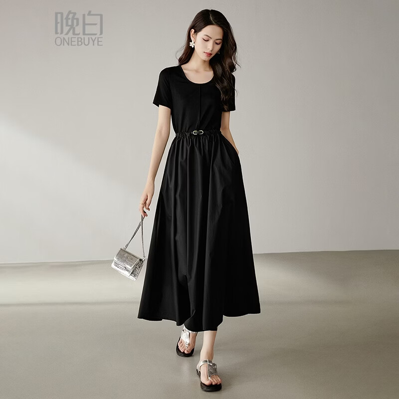 晚白【新品】2026年春款时尚圆领小黑裙高腰显瘦拼接大摆连衣裙 黑色 S
