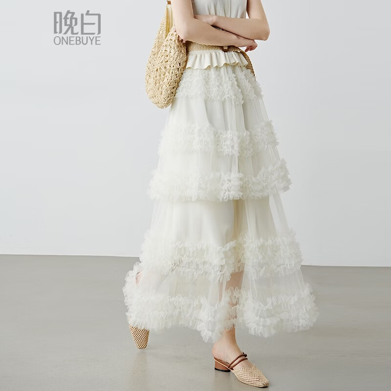 晚白2026年春款仙气十足立体花边白色网纱半裙飘逸减龄休闲大摆半身裙 米白色 L