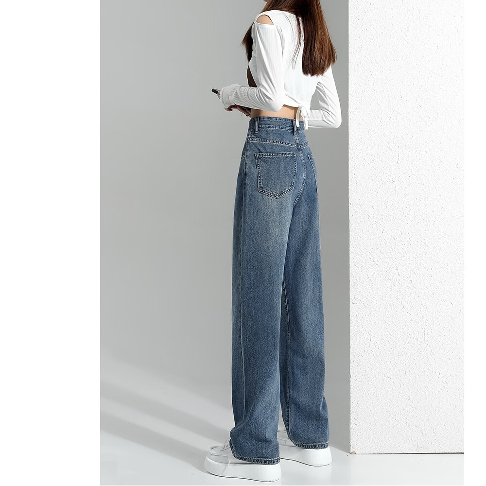 WAMLBN高腰阔腿牛仔裤女2026新款爆款简约宽松显瘦垂感复古直筒拖地裤子 蓝色 L 【尺码选择参考详情页尺寸信息】